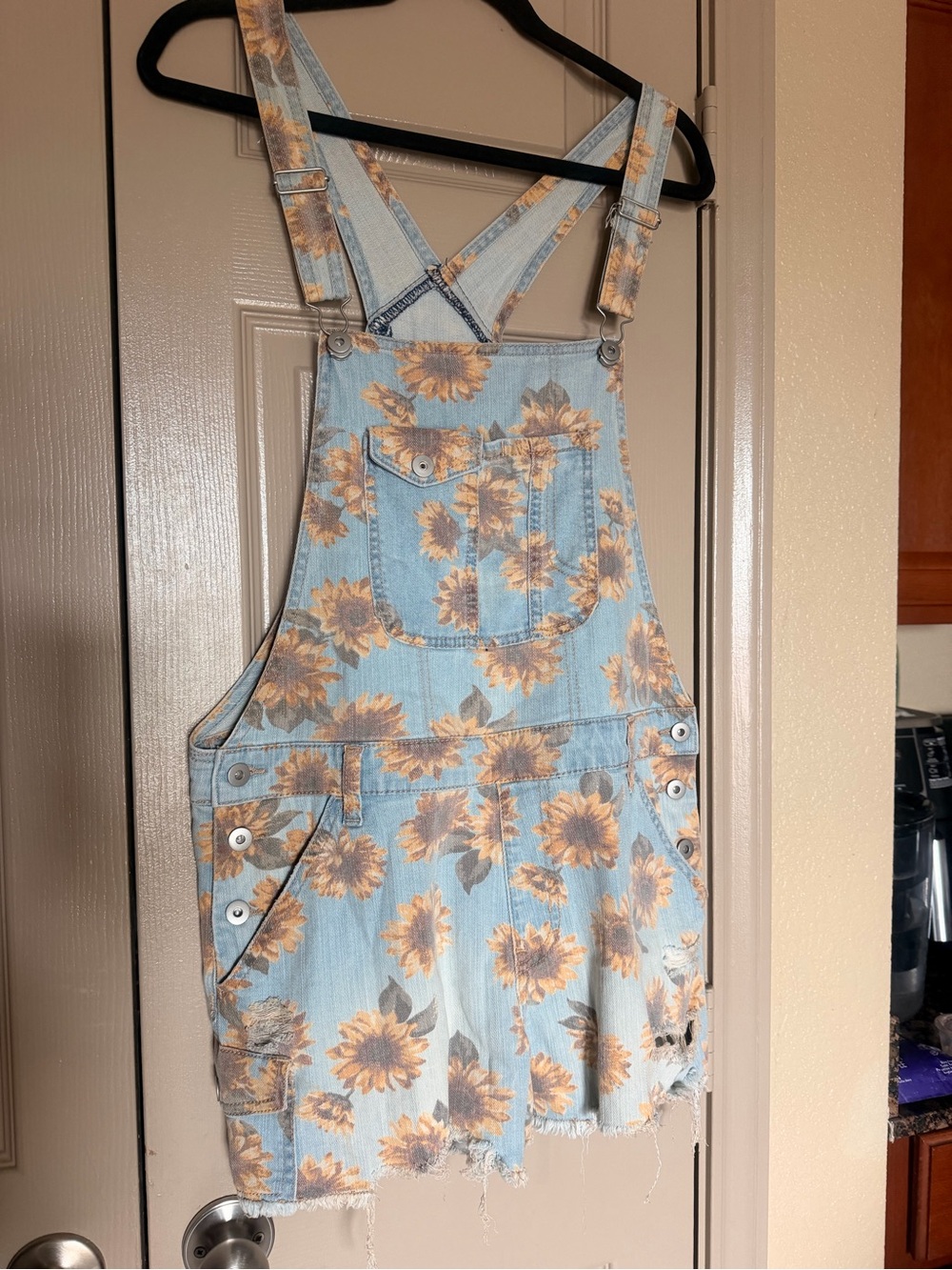 Sunflower Print Denim Overall Dress